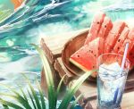  cluseller commentary cropped cup day drink drinking_glass drinking_straw food fruit highres ice ice_cube light_particles no_humans original outdoors pier plant plate still_life water watermelon watermelon_seeds watermelon_slice wood 
