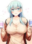  1girl aqua_hair blue_eyes blush breasts brown_jacket brown_sweater casual cleavage collarbone cup dotera_(clothes) hair_ornament hairclip holding holding_cup jacket kantai_collection large_breasts long_hair looking_at_viewer off_shoulder open_mouth revision ribbed_sweater rui_shi_(rayze_ray) sidelocks simple_background solo suzuya_(kantai_collection) sweater white_background 