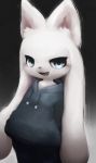  absurd_res anthro black_pupils blue_eyes bottomwear clothed clothing cute_fangs female fur hasukii hi_res hybrid inner_ear_fluff jacket lagomorph leporid long_ears looking_at_viewer mammal mimori_desol_(genacvid) open_mouth pants pupils rabbit solo topwear tuft unknown_species white_body white_fur 
