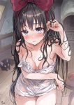  1girl black_cat black_hair blue_eyes blush bow breasts cat cleavage closed_mouth collarbone hair_bow highres indoors jiji_(majo_no_takkyuubin) kiki long_hair looking_at_viewer majo_no_takkyuubin naked_towel red_bow saya_(mychristian2) signature towel wet wet_hair 