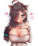 1girl ahoge animal_ear_fluff animal_ears aqua_eyes ayumi_oneesan bare_shoulders breasts brown_hair cat_ears cleavage commentary english_commentary grey_nails hair_over_one_eye hair_over_shoulder heart heart-shaped_pupils indie_virtual_youtuber kaptivate large_breasts lipstick_mark long_hair long_sleeves looking_at_viewer low-tied_long_hair meme_attire nyan open-chest_sweater ribbed_sweater simple_background solo sweater symbol-shaped_pupils turtleneck turtleneck_sweater twitch.tv upper_body virtual_youtuber white_background 