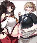  2girls alternate_breast_size big_belly black_shirt blue_eyes blue_neckwear breasts brown_hair cowboy_shot detached_sleeves grey_neckwear hand_on_own_stomach headgear highres hip_vent holding_hands huge_breasts intrepid_(kantai_collection) jewelry kantai_collection konoshige_(ryuun) long_hair long_sleeves miniskirt multicolored_neckwear multiple_girls neckerchief one_eye_closed pleated_skirt ponytail pregnant red_skirt ring shirt short_hair skirt standing wedding_band white_neckwear white_shirt yamato_(kantai_collection) 