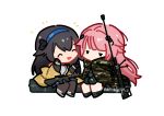  2girls absurdres anti-materiel_rifle black_hair blush chibi commission expressionless girls_frontline gun highres multiple_girls ntw-20 ntw-20_(girls_frontline) pink_hair rifle sitting smile sniper_rifle super_sass super_sass_(girls_frontline) tamalynn twitter_username weapon 