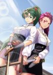  2girls alternate_costume back-to-back black_skirt braid brown_eyes fingerless_gloves fire_emblem fire_emblem:_the_blazing_blade fire_emblem:_three_houses fire_emblem_heroes garreg_mach_monastery_uniform gloves green_eyes green_hair highres long_hair looking_at_another lyn_(fire_emblem) multiple_girls petra_macneary ponytail purple_hair shirt skirt sukkirito_(rangusan) sword weapon white_shirt wooden_sword 