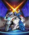  1boy android arm_cannon armor bicycle blue_eyes forehead_jewel gloves green_eyes ground_vehicle helmet joints male_focus mizuno_keisuke motor_vehicle motorcycle neon_lights neon_trim official_alternate_costume official_art redesign robot robot_joints rockman rockman_x smile solo third-party_source weapon x_(rockman) 