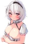  1girl azur_lane blush breasts choker cleavage closed_mouth eyebrows_visible_through_hair highres lace-trimmed_hairband lace_trim large_breasts looking_at_viewer puffy_short_sleeves puffy_sleeves red_eyes ryoutsu short_hair short_sleeves simple_background sirius_(azur_lane) solo upper_body white_background white_hair 