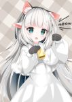  .live 1girl absurdres animal_ears blue_eyes cat_ears commentary_request cure_nashi dress english_text fake_animal_ears gloves headband highres looking_at_viewer merry_milk merry_milk_no_mori pale_skin paw_pose sheep_ears silver_hair simple_background solo virtual_youtuber 