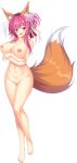 1girl animal_ear_fluff animal_ears bangs barefoot blush breasts collarbone completely_nude crossed_arms fox_ears fox_girl fox_tail full_body hair_ornament hairpin highres hinata_nao huge_breasts makibashira_yuuna navel nipples no_pussy nude official_art open_mouth pink_eyes pink_hair sex_open_world_e_youkoso! side_ponytail sidelocks solo tail toenail_polish transparent_background 