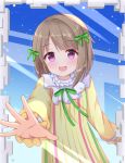  1girl :d bangs blush bow brown_hair commentary_request dress eyebrows_visible_through_hair green_bow hair_bow kedama_(kedama_akaza) long_sleeves looking_at_viewer love_live! love_live!_nijigasaki_high_school_idol_club mutekikyuu_believer nakasu_kasumi open_mouth outstretched_arm puffy_long_sleeves puffy_sleeves purple_eyes smile solo upper_body upper_teeth yellow_dress 