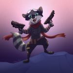  1:1 2020 anthro belt black_nose clothed clothing dual_wielding eyewear fully_clothed fur goggles grey_body grey_fur gun hi_res holding_gun holding_object holding_weapon looking_at_viewer male mammal open_mouth open_smile pose procyonid raccoon ranged_weapon ribbontini scarf signature smile solo standing weapon 