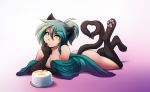  &lt;3_tail animal_humanoid artificial_incident black_body black_fur cat_humanoid clothing conditional_dnp felid felid_humanoid feline feline_humanoid female fur gradient_background green_hair hair happy_birthday heart_tail hi_res humanoid inner_ear_fluff looking_at_viewer lying mammal mammal_humanoid nyna on_front pawpads paws ponytail robe simple_background smile solo tom_fischbach tuft yellow_eyes 