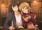  1boy 1girl :d ahoge alcohol bangs black_shirt blush brown_hair buttons chair coaster collared_shirt commentary_request cup drink drinking_glass drunk eyebrows_visible_through_hair highres hikigaya_hachiman holding holding_cup hotaru_iori ice ice_cube indoors isshiki_iroha leaning_on_person light_brown_hair long_hair long_sleeves looking_at_another on_chair open_mouth overalls pink_overalls red_shirt shirt short_hair side-by-side sitting smile strap_slip striped striped_shirt sweatdrop vertical-striped_shirt vertical_stripes white_shirt yahari_ore_no_seishun_lovecome_wa_machigatteiru. 
