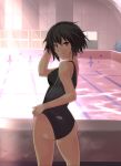  1girl adjusting_hair amagami ass bangs black_hair black_swimsuit breasts brown_eyes commentary competition_swimsuit cowboy_shot dusk hand_in_hair hand_on_own_head highres indoors kokuuu light_smile looking_at_viewer looking_back nanasaki_ai one-piece_swimsuit pool poolside school_swimsuit short_hair small_breasts solo standing swimsuit 