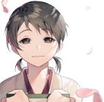  1girl bangs bleach brown_eyes brown_hair cherry_blossoms closed_mouth commentary_request face hinamori_momo holding japanese_clothes kimono looking_at_viewer low_twintails object_hug petals sal short_hair short_twintails smile solo twintails upper_body white_background white_kimono 