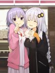  2girls baozi black_coat black_dress braid closed_eyes closed_mouth coat commentary dress eating food food_on_clothes food_on_face full_mouth hair_ornament hair_tubes hand_on_another&#039;s_hip hands_up highres hokkana kizuna_akari long_hair multiple_girls purple_eyes purple_hair sauce shirt skirt smile standing twin_braids very_long_hair voiceroid white_shirt yuzuki_yukari 