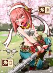 1girl alternate_costume bare_shoulders blush breasts cherry_blossoms closed_eyes club fire_emblem fire_emblem_fates fire_emblem_heroes grass highres holding holding_weapon misterror open_mouth outdoors petals sakura_(fire_emblem) small_breasts solo weapon 