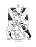  1girl bangs braid breasts cape character_name closed_mouth crown dress flower french_braid fur_trim globus_cruciger greyscale hair_between_eyes hair_flower hair_ornament holding jewelry kantai_collection long_hair long_sleeves mini_crown monochrome necklace profile red_flower red_rose rose scepter solo spot_color union_jack upper_body warspite_(kantai_collection) weidashming 