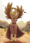  anthro antlers avian breasts cactus canyon desert dunewulff female genitals hi_res horn jewelry light looking_at_viewer melee_weapon necklace nintendo noctowl pok&eacute;mon pok&eacute;mon_(species) polearm pubes pussy solo spear sunlight video_games weapon 