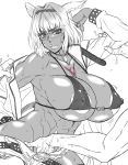  1girl 2boys abs absurdres andou_hiroyuki animal_ears areola_slip areolae arm_up belt blush breasts character_request collarbone covered_nipples cropped dark_skin dark_skinned_female eyebrows_visible_through_hair fate/grand_order fate_(series) fingering fingernails fur_trim greyscale hatching_(texture) highres jacket jewelry large_breasts long_hair looking_at_viewer monochrome multiple_boys muscle muscular_female necklace off-shoulder_jacket off_shoulder parted_lips pussy_juice shorts simple_background solo_focus spikes spot_color sweat white_background 