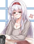  1girl anchor_symbol artist_logo bespectacled book breasts brown_eyes cleavage commentary_request glasses grey_sweater hairband highres kantai_collection kentan_(kingtaiki) large_breasts long_hair red-framed_eyewear red_hairband ribbed_sweater shoukaku_(kantai_collection) solo sweater tumbler upper_body white_background white_hair 