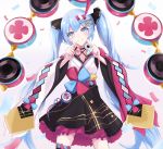  1girl 39 :3 absurdres asymmetrical_legwear black_skirt blue_eyes blue_hair blue_nails bow cherry_blossoms commentary confetti cookie cowboy_shot criss-cross_halter drum food frilled_skirt frills halterneck hatsune_miku highres holding_cookie instrument japanese_clothes kimono long_hair looking_at_viewer mismatched_sleeves nail_polish number pink_sleeves single_thighhigh skirt smile solo speaker standing thighhighs twintails very_long_hair vocaloid white_background white_kimono wide_sleeves yukata yuzuaji 