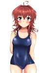  1girl ahoge arashi_(kantai_collection) arms_behind_back ass_visible_through_thighs blue_swimsuit blush breasts collarbone covered_navel embarrassed haoto_(arnica_leaf) highres kantai_collection looking_at_viewer medium_hair messy_hair old_school_swimsuit one-piece_swimsuit purple_eyes red_hair school_swimsuit simple_background small_breasts solo standing swimsuit wavy_mouth white_background 