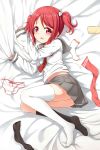  1girl bed_sheet black_legwear blush child chinese_commentary commentary_request eyebrows_visible_through_hair highres long_sleeves looking_at_viewer love_live! love_live!_school_idol_project love_live!_sunshine!! lying midriff mismatched_legwear necktie no_shoes on_bed on_side open_mouth panties pink_eyes red_hair red_neckwear sailor_collar school_uniform sheet_grab short_twintails skirt socks soles solo tears thighhighs twintails underwear white_legwear white_panties zzt_(zztsama) 