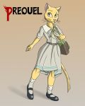  bag beastars bethesda_softworks clothing dexterosaurus dress felid feline female footwear fur green_eyes hi_res katia_managan looking_at_viewer mammal pendant prequel prequel_adventure scarf shoes simple_background socks text the_elder_scrolls video_games webcomic yellow_body yellow_fur 