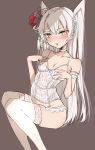  1girl alternate_costume amatsukaze_(kantai_collection) breasts brown_eyes chigasaki_y collarbone corset feet_out_of_frame flower garter_straps grey_background hair_flower hair_ornament highres kantai_collection lingerie long_hair looking_at_viewer silver_hair simple_background sitting small_breasts solo thighhighs two_side_up underwear white_legwear 