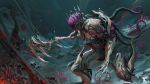  1boy claws embers glintastickevin highres holding holding_scythe holding_weapon male_focus nidus_(warframe) organic plant science_fiction scythe signature solo tentacles warframe weapon 