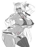  1girl abs absurdres andou_hiroyuki animal_ears areola_slip areolae arm_up belt blush breasts character_request collarbone covered_nipples dark_skin dark_skinned_female eyebrows_visible_through_hair fate/grand_order fate_(series) fur_trim greyscale hatching_(texture) highres jacket jewelry large_breasts long_hair looking_at_viewer monochrome muscle muscular_female necklace off-shoulder_jacket off_shoulder parted_lips pubic_tattoo shorts simple_background sketch solo spikes spot_color sweat tattoo thighhighs white_background 