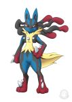  ambiguous_gender black_body black_coat black_hair blue_body canid canine chest_spike fan_character featureless_crotch front_view full-length_portrait fur hair hand_on_hip hi_res jewelry mammal mega_evolution mega_lucario multicolored_body multicolored_hair mysticalpha necklace nintendo pok&eacute;mon pok&eacute;mon_(species) portrait red_body red_eyes red_hair signature solo spikes spikes_(anatomy) standing text two_tone_hair url video_games yellow_body yellow_fur 