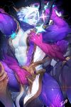  2boys abs absurdres bara blue_scarf constellation diffraction_spikes earring_removed earrings en_(976989738) galaxy glowing hair_between_eyes highres horn_grab horns huge_filesize jewelry league_of_legends looking_at_viewer male_focus multiple_boys muscle pale_skin parted_lips pectorals purple_eyes purple_skin purple_tongue scarf sexually_suggestive signature sky space star_(sky) starry_sky stud_earrings teeth tongue tongue_out upper_teeth varus white_hair yaoi 