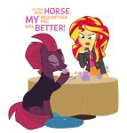  alpha_channel broken_horn cup cupcake dialogue dm29 drinking english_text equestria_girls equid equine eye_scar female food friendship_is_magic hasbro hi_res horn human mammal my_little_pony my_little_pony:_the_movie_(2017) scar sunset_shimmer_(eg) tea_cup teapot tempest_shadow_(mlp) text unicorn 