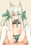  1girl animal_ears art556_(girls_frontline) blush breasts commentary_request cowgirl_position emm0514 girls_frontline green_eyes green_hair hair_ribbon highres long_hair navel petite ribbon simple_background small_breasts solo_focus spread_legs straddling thighhighs tongue tongue_out white_background 