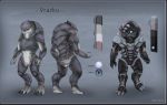  3033 alien armor butt female genitals headgear helmet irridescent krogan mass_effect model_sheet muscular muscular_female nude pussy scales solo standing video_games 