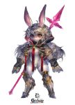  2018 accessory anthro clothing female girlsay gloves hair hair_accessory hairband handwear hi_res lagomorph legwear leotard leporid looking_at_viewer mammal melee_weapon polearm rabbit red_eyes ruby_(girlsay) simple_background smile solo spear standing stockings weapon white_background white_body 