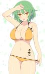  1girl absurdres adjusting_clothes adjusting_swimsuit bikini breast_tattoo breasts cleavage green_hair hand_on_head highres hikage_(senran_kagura) ichiryuu_tsumiki large_breasts looking_at_viewer navel petals senran_kagura shiny shiny_skin swimsuit tattoo tongue tongue_out white_background yellow_bikini yellow_eyes 