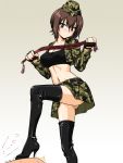  1girl alternate_costume bangs bikini black_bikini black_footwear black_sports_bra blush boots breasts brown_background brown_eyes brown_hair camouflage camouflage_headwear camouflage_jacket camouflage_skirt cleavage closed_mouth commentary_request cropped_jacket dominatrix foot_up garrison_cap girls_und_panzer gradient gradient_background green_headwear green_jacket hat head_tilt high_heel_boots high_heels holding iron_cross jacket light_frown long_sleeves looking_at_viewer midriff navel nishizumi_maho oosaka_kanagawa out_of_frame partial_commentary short_hair skirt sports_bra standing swimsuit thigh_boots thighhighs translated upskirt whip 
