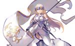  1girl absurdres armor armored_dress banner blonde_hair blue_eyes breasts chain cowboy_shot fate/grand_order fate_(series) faulds flag fur-trimmed_legwear fur_trim gauntlets gorget headpiece highres holding holding_flag jeanne_d&#039;arc_(fate) jeanne_d&#039;arc_(fate)_(all) large_breasts long_hair plackart same_(sendai623) scabbard sheath sheathed smile solo standard_bearer standing sword thighhighs very_long_hair weapon 