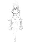  1girl absurdres b9_(rrrqqq) bare_shoulders barefoot blush covered_navel frills greyscale hatching_(texture) highres leotard long_hair monochrome open_mouth original simple_background sketch smile solo standing toenails twintails very_long_hair white_background 