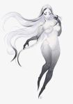  black_eyes blank_eyes breasts completely_nude extra_eyes full_body highres insect_girl long_hair nat_the_lich nude original pale_skin simple_background spider_girl very_long_hair white_background white_hair 