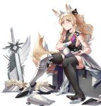  1girl absurdres animal_ears arknights armor black_legwear blemishine_(arknights) blonde_hair blush breasts commentary_request cy9 eyebrows_visible_through_hair fingerless_gloves full_body gloves highres long_hair looking_at_viewer medium_breasts ponytail sideboob simple_background sitting sleeveless smile solo sword tail thighhighs weapon white_background yellow_eyes 