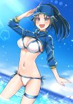  1girl absurdres artoria_pendragon_(all) ass_visible_through_thighs bikini black_hair blue_eyes blue_headwear blue_jacket blue_sky breasts cleavage cloud commentary_request cosplay cropped_jacket day dutch_angle fate/grand_order fate_(series) highres horizon idolmaster idolmaster_cinderella_girls jacket lens_flare long_hair looking_at_viewer mabanna7787 medium_breasts mysterious_heroine_xx_(foreigner) mysterious_heroine_xx_(foreigner)_(cosplay) nanjou_hikaru ocean older outdoors ponytail salute side-tie_bikini sky soaking_feet solo standing swimsuit white_bikini 