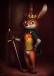  2020 anthro bottomless brown_body brown_eyes brown_fur buckteeth claws clothed clothing crown dipstick_ears featureless_crotch full-length_portrait fur hand_on_hip hi_res holding_object holding_sword holding_weapon lagomorph leg_markings leporid light lighting looking_at_viewer male mammal markings melee_weapon multicolored_ears orange_body orange_fur portrait rabbit s1m signature smile socks_(marking) solo standing sword teeth toe_claws weapon whiskers white_body white_fur 