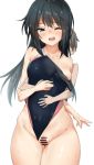  1boy 1girl asashio_(kantai_collection) bangs bar_censor bare_shoulders black_hair blue_eyes blush c@rbon censored collarbone competition_swimsuit cowboy_shot from_behind grinding hetero hug hug_from_behind kantai_collection little_boy_admiral_(kantai_collection) long_hair nipple_slip nipples off_shoulder one-piece_swimsuit one_eye_closed open_mouth penis simple_background sweat swimsuit swimsuit_aside thigh_sex thighs white_background 