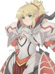  1girl armor artist_name asdfcobi blonde_hair blush braid cowboy_shot fate/apocrypha fate/grand_order fate_(series) french_braid green_eyes highres looking_at_viewer mordred_(fate) mordred_(fate)_(all) nose_blush ponytail smile solo white_background 