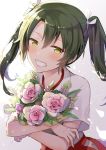  1girl anbutter_siruko blush commentary crossed_arms flower gradient gradient_background green_hair grin hair_between_eyes hair_ribbon hakama_skirt head_tilt hip_vent holding holding_flower kantai_collection leaning_forward looking_at_viewer pink_flower pink_rose ribbon rose shirt short_hair short_sleeves sidelighting simple_background smile solo standing two_side_up upper_body white_background white_shirt yellow_eyes zuikaku_(kantai_collection) 