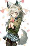  1girl :p animal_ears arknights bangs black_legwear blush closed_mouth commentary cowboy_shot en_(shisui_no_utage) eyebrows_visible_through_hair food grani_(arknights) grani_(miraculous_moment)_(arknights) green_jacket hair_ornament hairclip highres hip_vent holding holding_food horse_ears horse_girl horse_tail ice_cream jacket long_hair long_sleeves looking_at_viewer miniskirt official_alternate_costume pantyhose purple_eyes rev silver_hair skirt smile solo sweatband tail tongue tongue_out white_skirt 