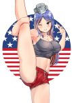  1girl american_flag blue_hair blue_nails blush breasts cleavage collarbone grin highres kantai_collection large_breasts midriff multicolored_hair osananajimi_neko purple_eyes red_hair red_shorts shorts simple_background smile solo south_dakota_(kantai_collection) split standing standing_on_one_leg standing_split tank_top v white_background white_hair 